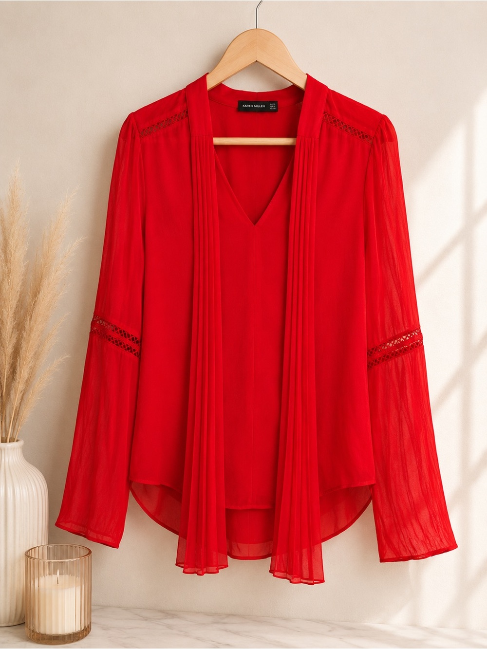 Karen Millen Red Sheer Long-Sleeve V-Neck Blouse with Front Tie